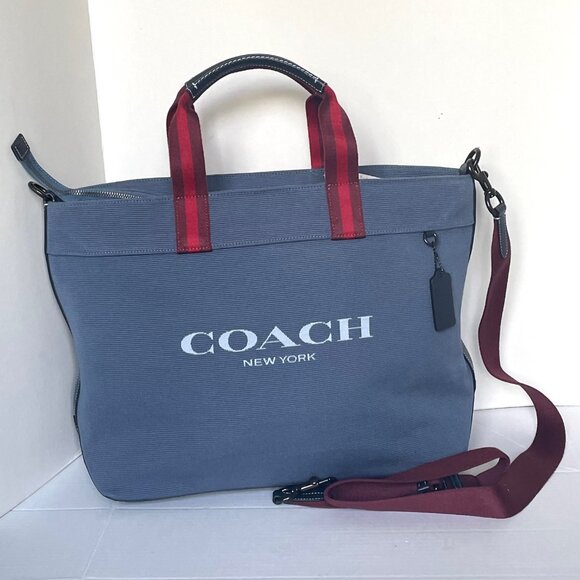 Coach Tote Bag 38 Shoulder Bag Blue Canvas Leather CJ486 Medium Zip Crossbody - Picture 4 of 12